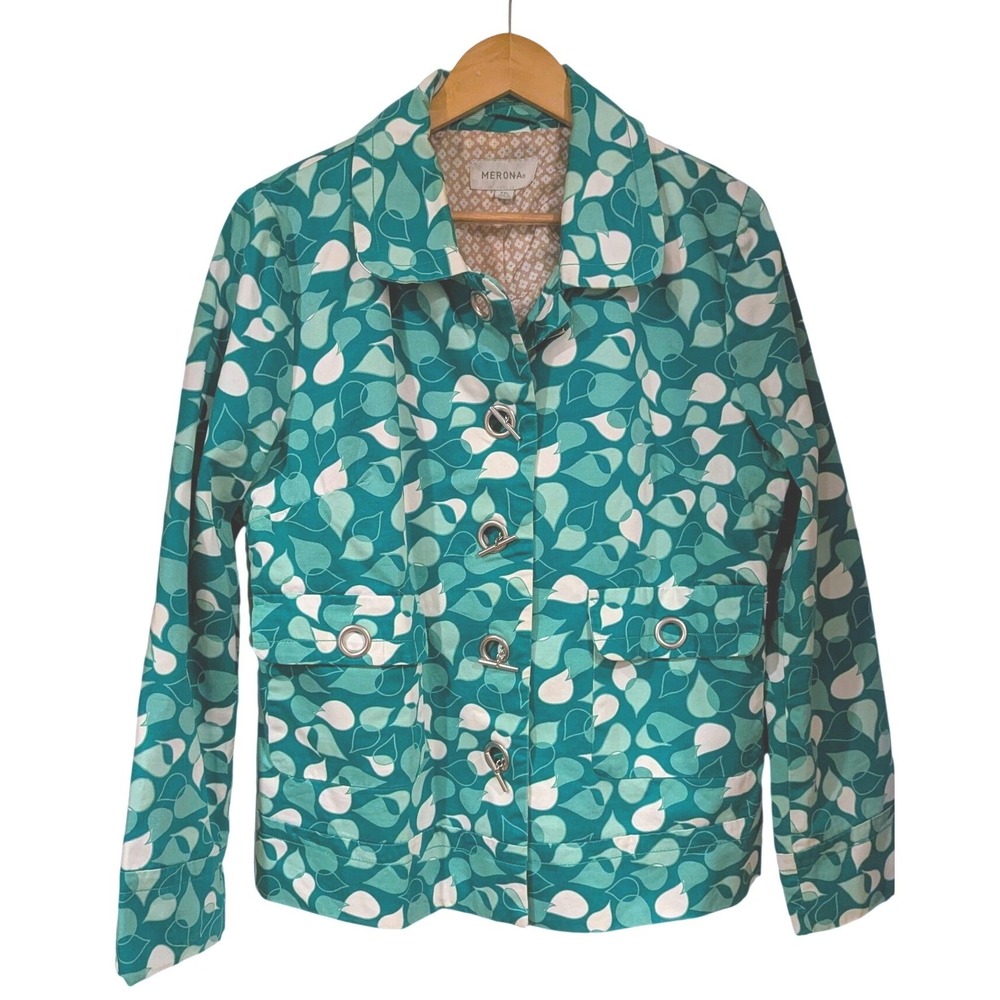 Merona‎ Leaf Print Toggle Jacket Large Green Teal Cotton Utility Mod Botanical